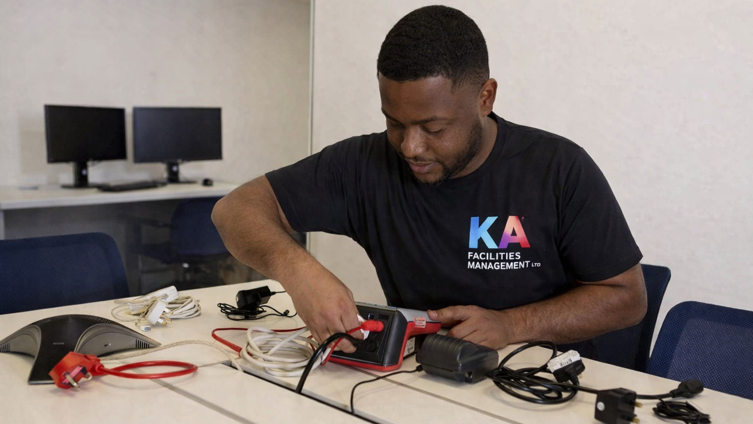 PAT testing engineer carrying out electrical equipment inspection in a Glasgow office