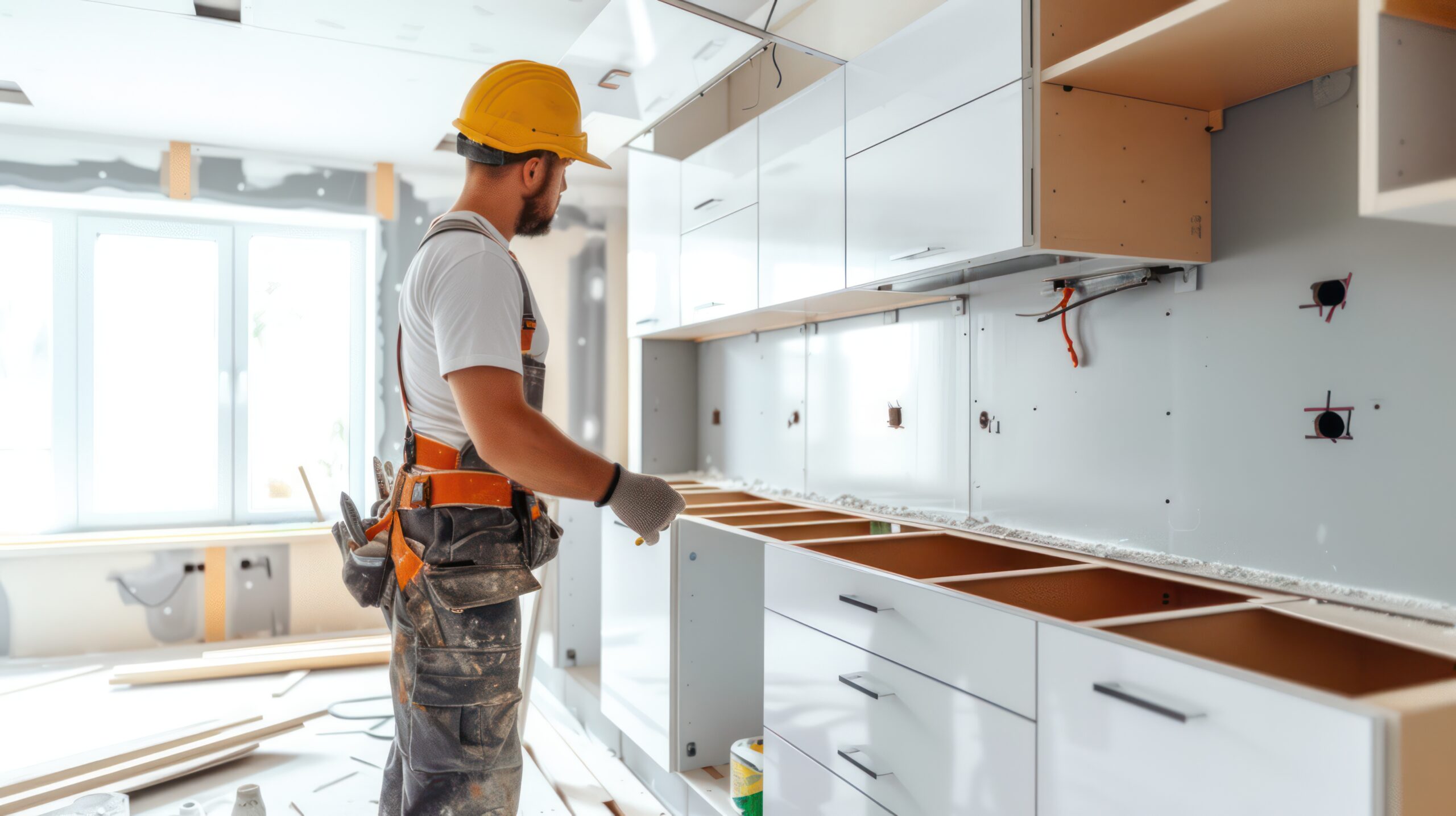 professional carpenter installing cabinets home kitchen renovation scaled